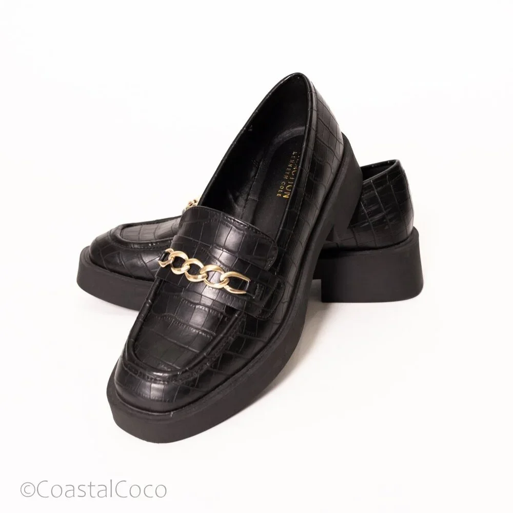 Kenneth Cole Platform Loafers 7.5 Black Sienna Lug Shoes Mod Preppy Office Retro